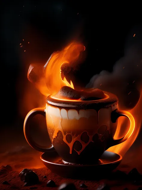 volcano coffee cup, latte art of maximal coffee, violently erupting out of kintsugi black lava rock coffee cups, rims glowing ho...