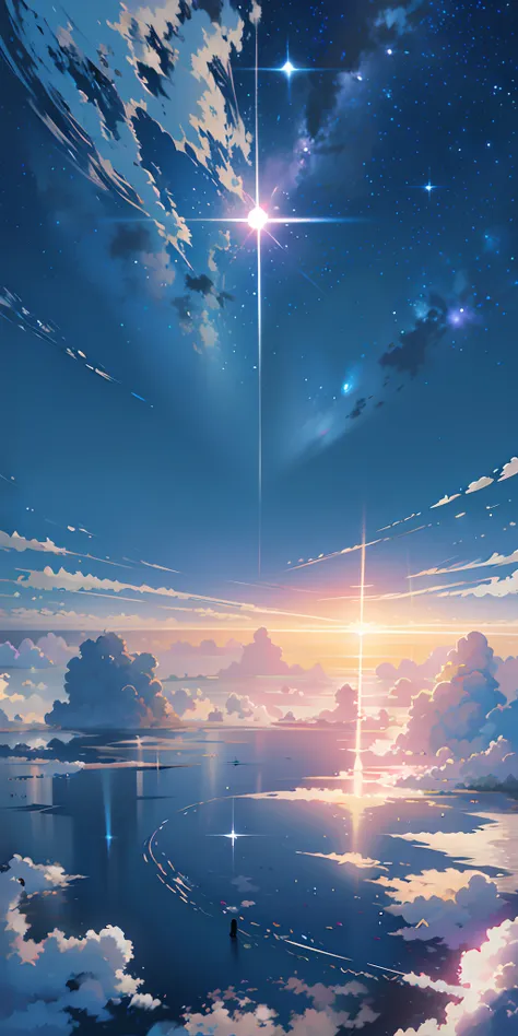 anime setting of a sunset with a star and a person standing on a boat, cosmic skies. por makoto shinkai, makoto shinkai cirilo r...