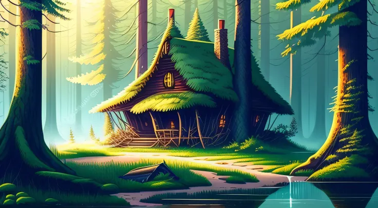 House in the forest surrounded by old trees and stream