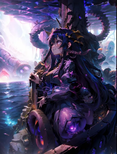 ((giantess girl. Under the deep sea:1.2)). Beautiful girl leans out from behind the church、Look down on us. The church sank to the bottom of the sea. Girl wears a purple Gothic Lolita style dress. She looks younger. Her eyes are big. she is smiling. Wriggl...