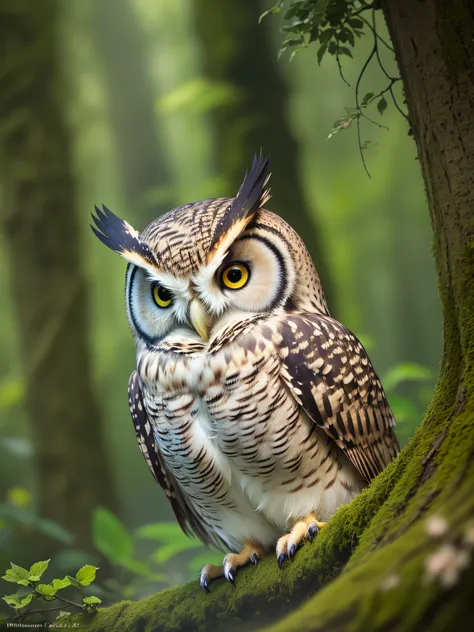 close up photo of an owl in the enchanted forest、natta、fireflys、volumetric fog、halation、bloom、dramatic atmosphere、central、thirds...