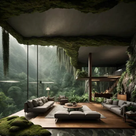 living room with a large sofa and a table with a lamp, mountainous jungle setting, ambiente relaxante, beautiful render of a lan...