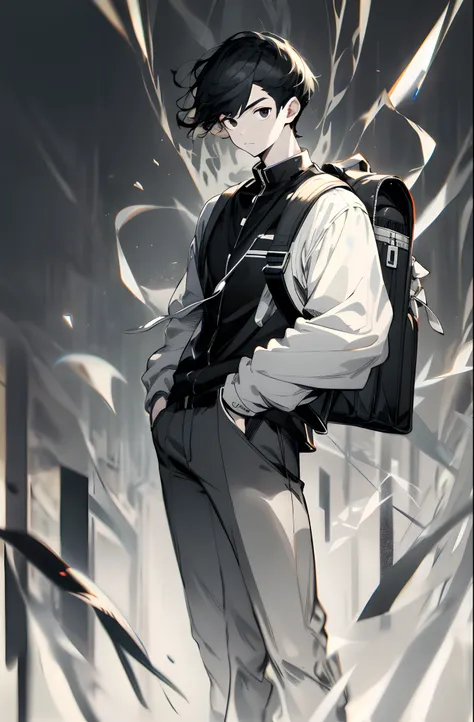 "tmasterpiece, Premium texture, Single male character, Wearing a boys uniform, Hand pockets, Carrying a school bag, Cool black hairstyle, Deep black eyes, cyber punk style, Street background, Monochromatic, Art style with sharp lines, The background is ric...