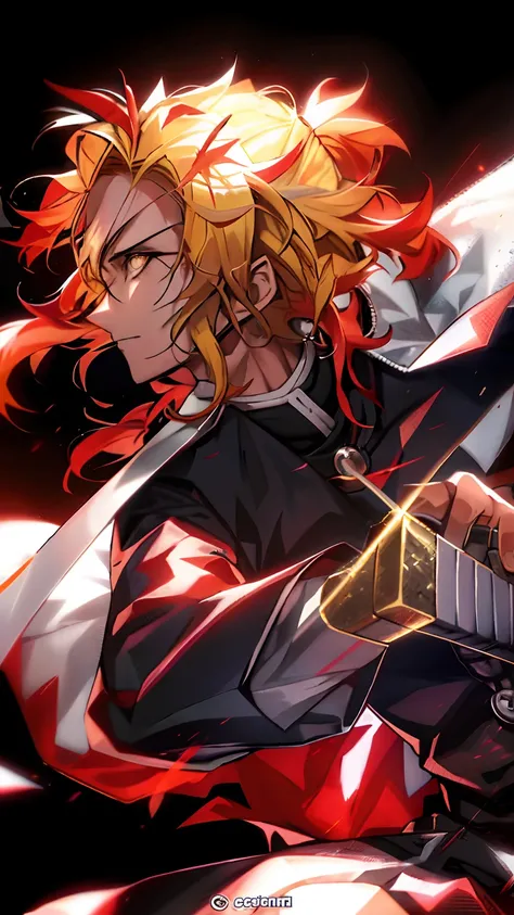 Demon Slayer character with blonde hair holding a sword,Handsome manga art image in anime style,The demon killer in the works of the Renjin,A creative mix of John Libert and Aluchard,Key anime artistic representations in the works of the Sword of Kongo,Ima...