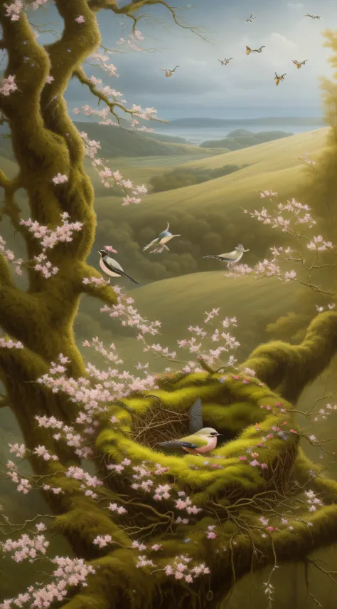 epic, majestic, surreal,
ultra high resolution, detailed, extremely detailed,3D, 8k,
The clock-a-clay is creeping on the open bloom of May,
The merry bee is trampling the pinky threads all day,
And the chaffinch it is brooding on its gray mossy nest,
In ...