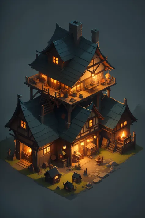 a close-up of a small house with a chimney and a fire, stylized game art, a multidimensional cozy tavern, stylized concept art, ...