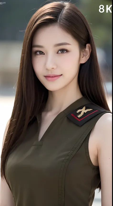 ((best quality, 8k, masterpiece: 1.3)), 1 girl, smile, full body, slim face, pretty woman, (dark brown hair), military uniform: ...