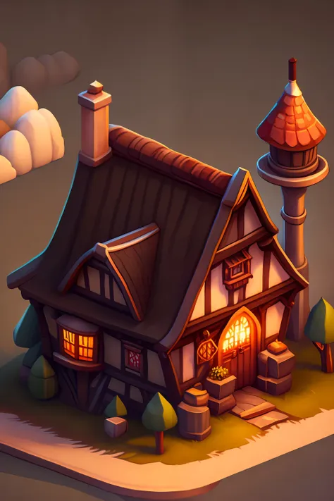 tmasterpiece，optimum，impeccable，a close-up of a small house with a chimney and a fire, stylized game art, a multidimensional coz...