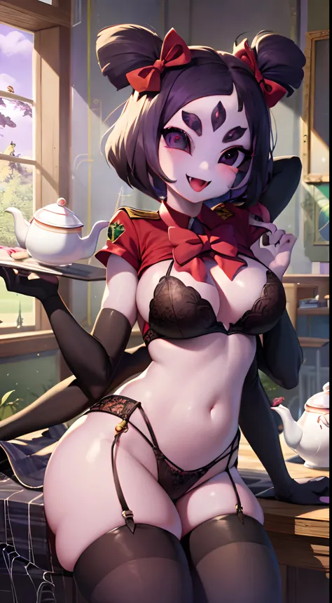masterpiece, best quality, a beautiful and detailed portrait of muffet, monster girl,((purple body:1.3)), purple skin, humanoid, arachnid, anthro,((fangs)), pigtails, hair bows, 5 eyes, spider girl, 6 arms, solo, smile, sexy, school girl, open mouth, aweso...
