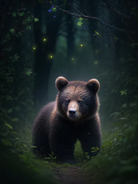 close up photo of baby bear in enchanting forest、deep in the night、in woods、back lighting、fireflys、volumetric fog、the halo、bloom...