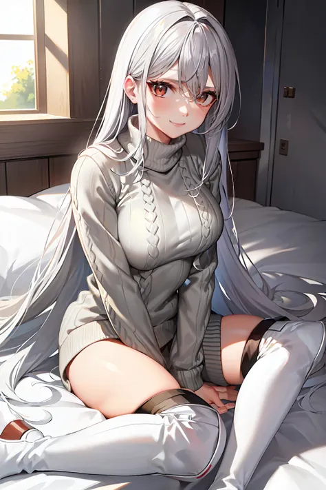 (tmasterpiece，high high quality，light grey sweater，stare，thigh boots，whaite hair，ssmile，onbed，absolute realm，low head，leg detail...