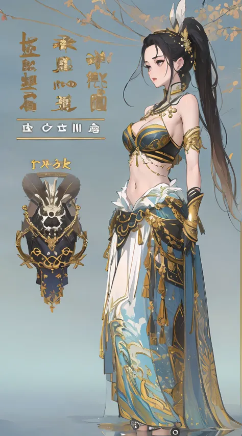 1 beautiful woman、full body standing painting、独奏，（exposing your navel），game character costume design，bandeau、long  skirt，metal w...