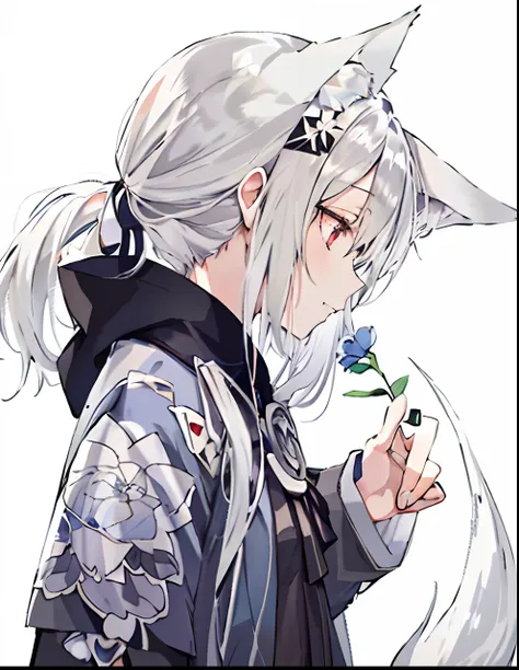 anime girl with long white hair and black jacket holding flowers, silver hair (pony tails), white-haired fox, from arknights, be...