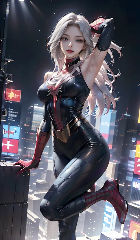 （tmasterpiece，4k分辨率，ultra photo realsisim，the is very detailed），（white superhero theme，glamorous，there's a girl on top of town，w...