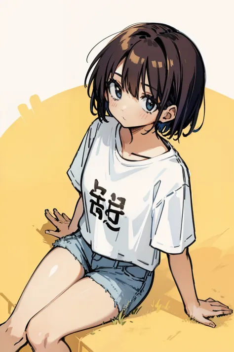 short-haired girl on her back sitting on the floor wearing a white t-shirt and jean shorts