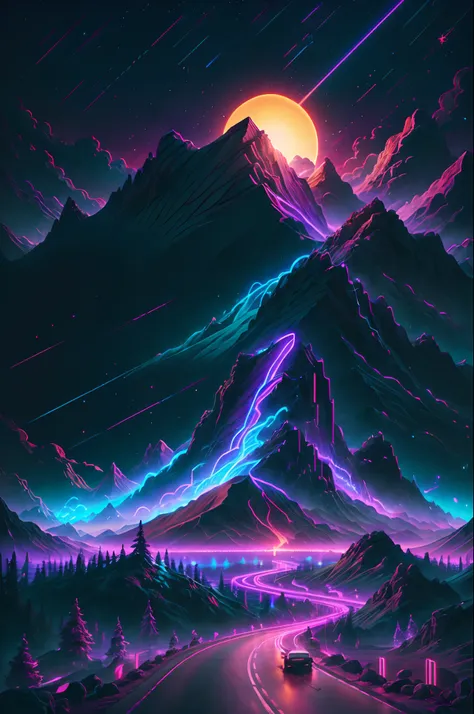 retrowave.  road,  purple neon lights, sun, mountain, 
(masterpiece,detailed,highres),