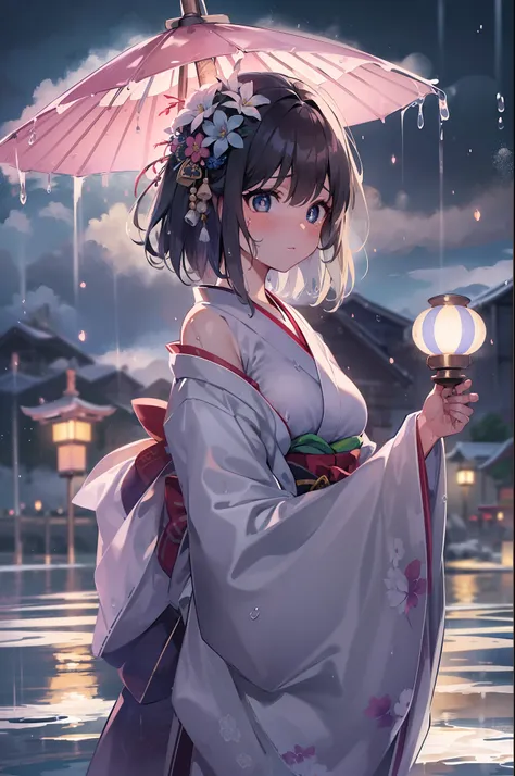 1girl, breasts, moon, lantern, night, solo, large breasts, hair ornament, wet, kimono, japanese clothes, wading, water, hair flo...