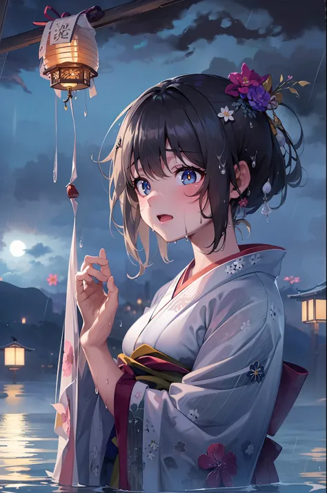 1girl, breasts, moon, lantern, night, solo, large breasts, hair ornament, wet, kimono, japanese clothes, wading, water, hair flo...