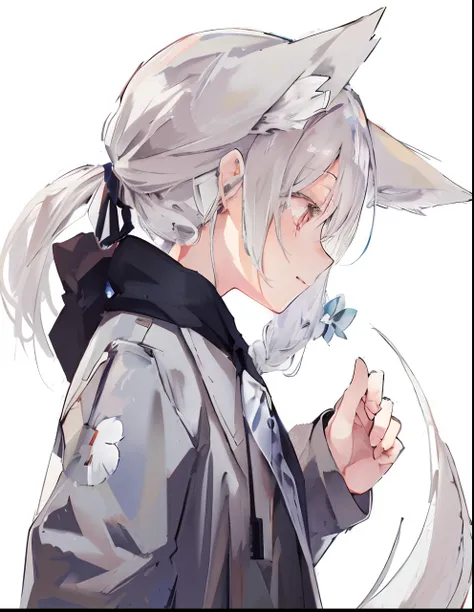 anime girl with long white hair and black jacket holding flowers, silver hair (pony tails), white-haired fox, from arknights, be...