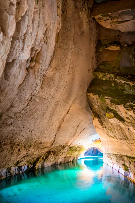 cave interior, water, bridge,