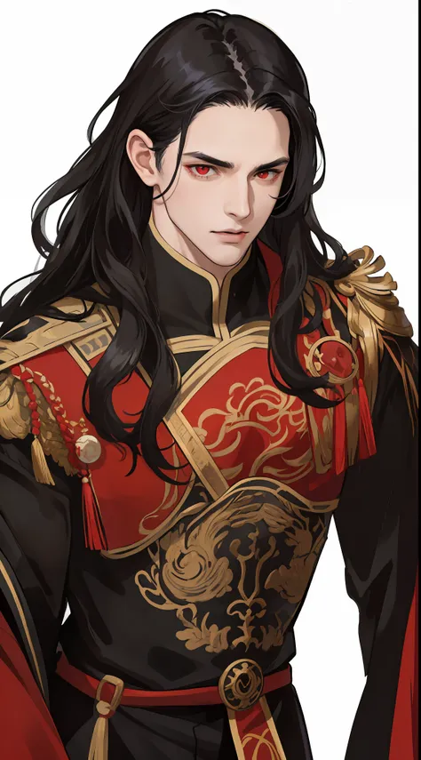 masterpiece, best quality, realistic, 1man, male focus, tall muscular, long wavy black hair, flying bangs, red eyes, handsome, b...