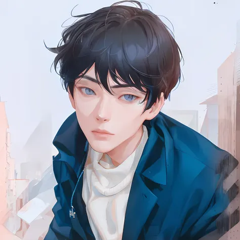 1man, kim dokja, realistic, pale skin, black hair, short hair, black eyes, blue jacket, wear blue neckle, hair with suglasses, u...