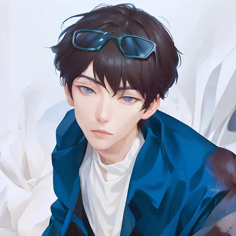 1man, kim dokja, realistic, pale skin, black hair, short hair, black eyes, blue jacket, wear blue neckle, hair with suglasses, u...