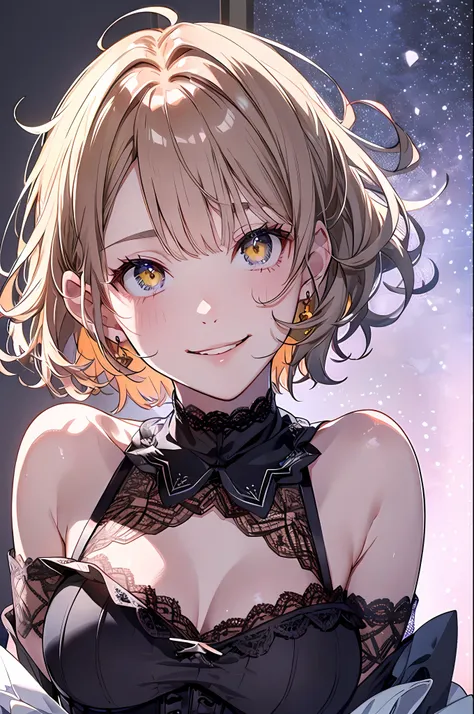 Idol, Masterpiece, Top Quality, Beautiful Face, Absurdity, HDR, (Cowboy Shot, White Ruffled Lace Mini Dress, White Collar, White Ruffle Cuff, Particles: 1.5), (Bloom, Glow: 1.4), (Smile), (Blonde Short, Yellow Eyes: 1.7), Sharp Focus, Photorealistic, High ...