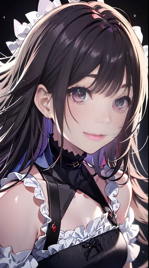 Idol, Masterpiece, Top Quality, Beautiful Face, Absurdity, HDR, (Cowboy Shot, White Ruffled Lace Mini Dress, White Collar, White Frill Cuff, Particles: 1.5), (Bloom, Glow: 1.4), (Smile), (Red Color Inhair, Purplish Red Eyes: 1.7), Sharp Focus, Photorealist...