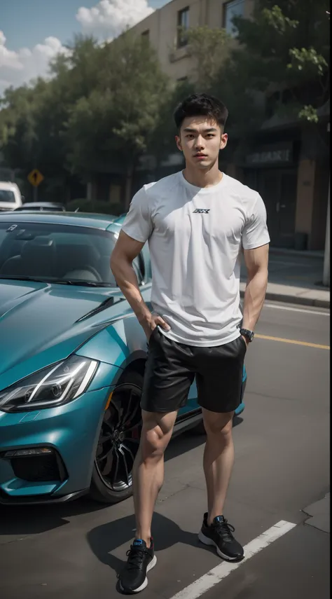 xu kai's face，short sleeved shirt，leaky knee shorts，full body detailing，ultra-high quality images，hyper realisitc，realiy，muscula...