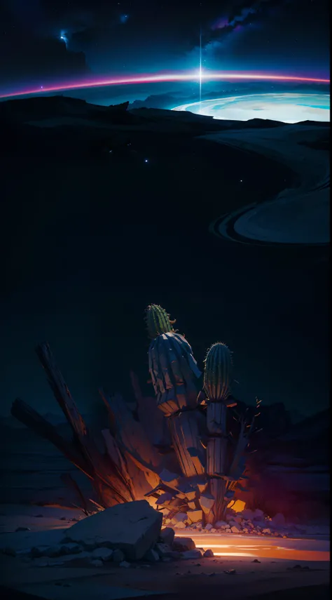 Moonlight shines on the desolate desert，Shining on the magnificent Milky Way，Cacti stand in the desert，It makes people feel a mysterious atmosphere。in a desert，Hidden is the skull of a cow，The flow of the Galaxy blends perfectly with the quality of Ultra H...