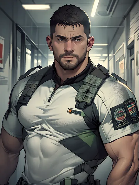 1 man, solo, 35 year old, chris redfield, wearing green t shirt, smirks, white color on the shoulder and a bsaa logo on the shou...