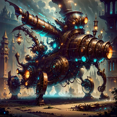 biomechanical steampunk vehicle reminiscent of fast sportscar with robotic parts and (glowing) lights parked in ancient lush palace, gothic and baroque, brutalist architecture, ultradetailed, creepy ambiance, fog, artgerm, giger, Intricate by Ellen Jewett ...