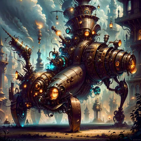 biomechanical steampunk vehicle reminiscent of fast sportscar with robotic parts and (glowing) lights parked in ancient lush pal...