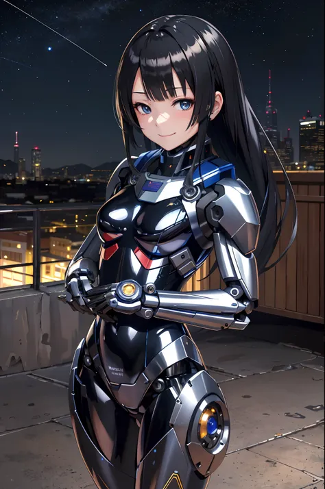 ((masutepiece,Best quality, Detailed)), 1girl in, Solo, Cowboy shot, Outdoors, Night, Cityscape, Starry sky, Detailed eyes,
Oshino Oki, The school runs, Black gloves, Smile, Closed mouth, Inner Color Hair, Semi-closed Eyes,
(Mecha musume, mechanicalparts, ...
