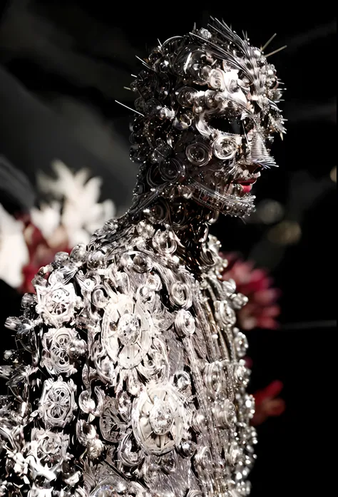 a close up of a metal sculpture of a person with a face covered in metal, wearing louis vuitton armor, alexander mcqueen haute c...