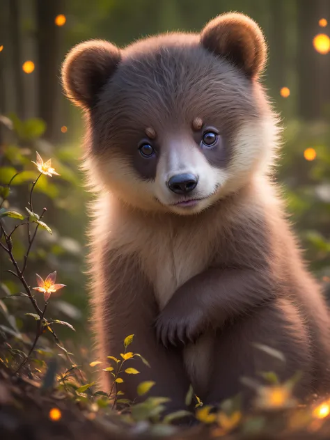 close up photo of baby bear in enchanting forest、deep in the night、in woods、back lighting、fireflys、volumetric fog、the halo、bloom...