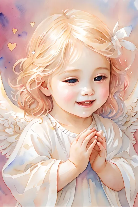 blessings of angels､bright background、heart mark、tenderness､a smile、gentle､baby angel、watercolor paiting