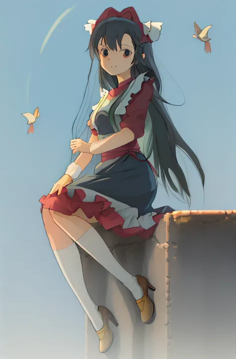 "Close-up of cartoon character sitting on chair,quadratic element ,Game 1999 characters,Long distance,Straight dark blue hair,Yellow hair bottomed,Background church,Vintage European church background,Cute loli in a dress,Anime girl in cute maid outfit,Full...
