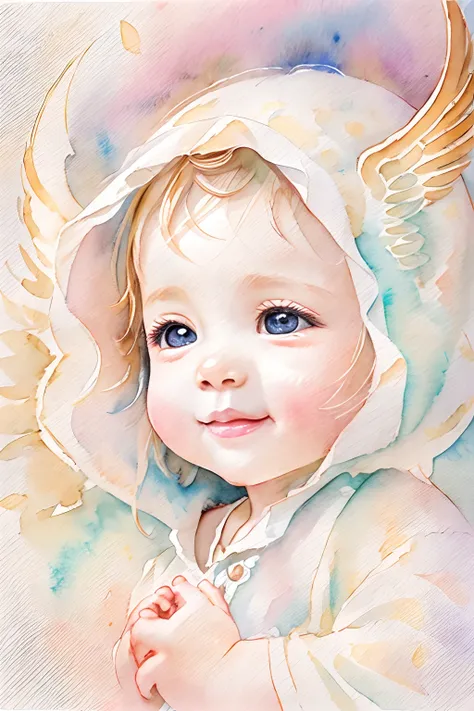 blessings of angels､bright background、heart mark、tenderness､a smile、gentle､baby angel、watercolor paiting