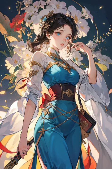 Beautiful beautiful woman dressed in Han costume holding a long sword
