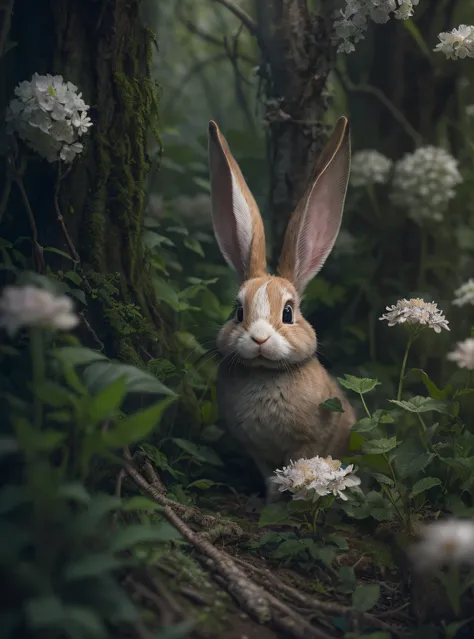 rabbit female、the woods、haze、halation、、dramatic atmosphere、central、thirds rule、200mm 1.4f macro shot、(natural skin textures、hype...