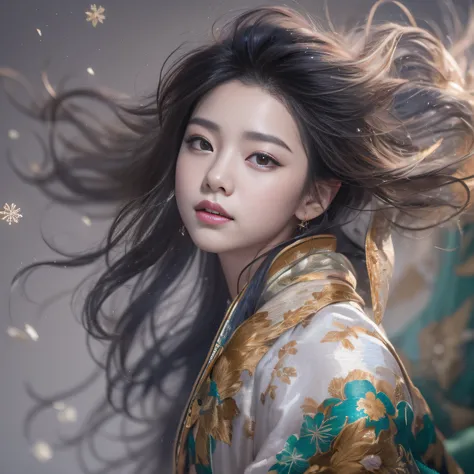 32K(tmasterpiece,k hd,hyper HD,16k)Flowing short hair,Backroom pond,zydink, a color, Asian people (A unicorn), (Silk scarf), Combat posture, looking at viewert, long whitr hair, Floating hair, Hanfu, Chinese clothes, longer sleeves, (abstract ink splash:1...