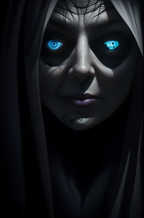 Menacing creepy old lady ghost, black background, white pupil eyes, blue-grey lighting on the face, close-up, horror, dark and haunting, hyperrealism, ultra-detailed, 8k