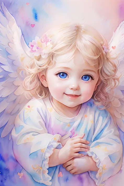 blessings of angels､bright background、heart mark、tenderness､a smile、gentle､baby angel、watercolor paiting、blue eyess