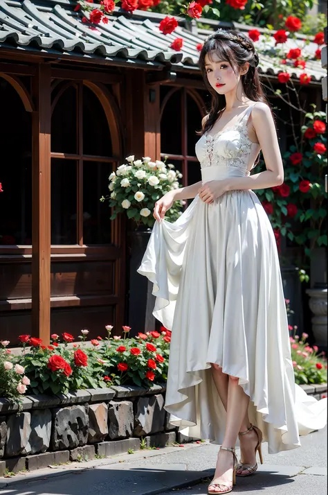 red wedding dress、a long-legged beauty、the corridor of the roses，taking a walk，professional photoshooting，high qulity