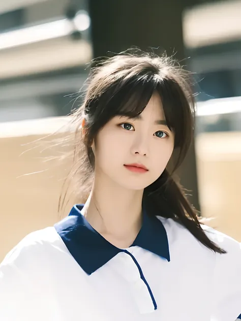 woman posing for photo in white shirt and blue collar,wearing a chinese school uniform, tidy hair，by bangs,film filter