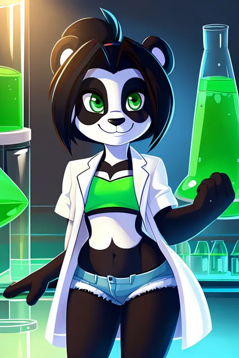 (lilistormstout:0.8), green eyes, black and white fur, anthro panda girl, pinup, bikini, happy, smile, (lab coat, short shorts, ...