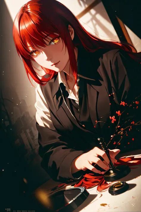 analog style, model shoot style, 1girl, (long red hair), strange eyes, makima, makima \(chainsaw man\), amber eyes, dynamic angl...