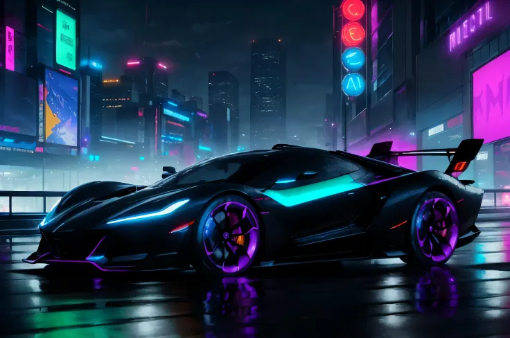 a stunning photo of a futuristic super car, side view, wet, night, neon, bright colors